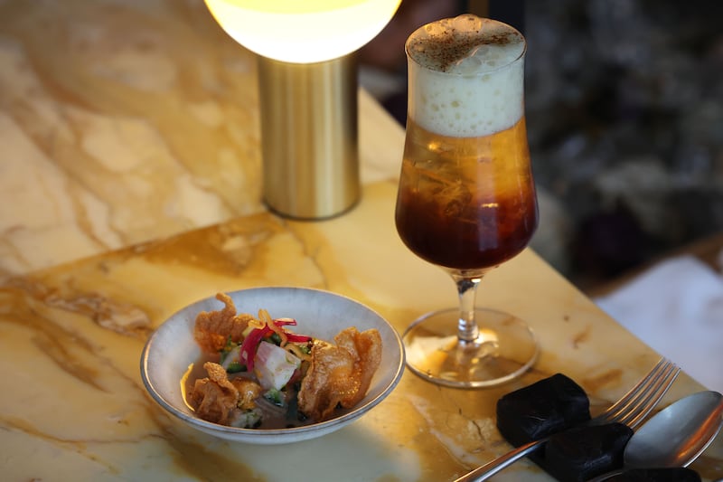 Seabass Ceviche, with winter citrus, white asparagus and sea urchin prepared by chef David Preda with whiplash pilsner, tomato water base, worcester, nam pla, habanero and demi glaze. Photograph: Alan Betson