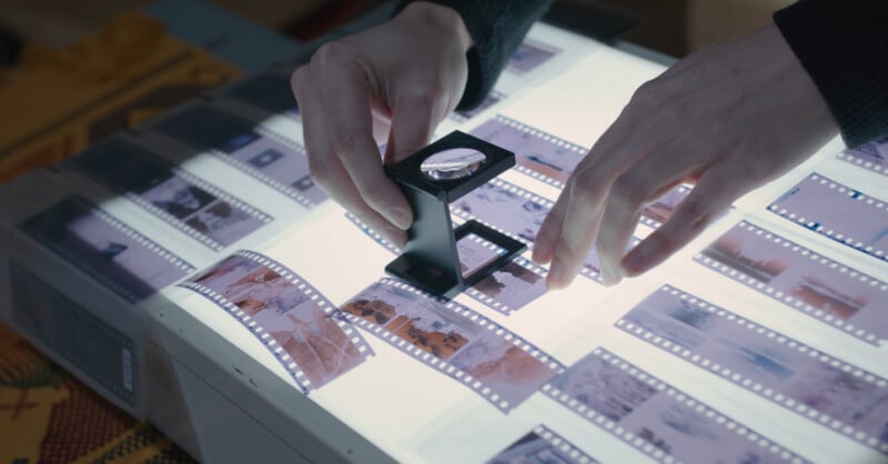 A person examines photographic film negatives on a light table using a magnifying loupe, with several strips of negatives visible.