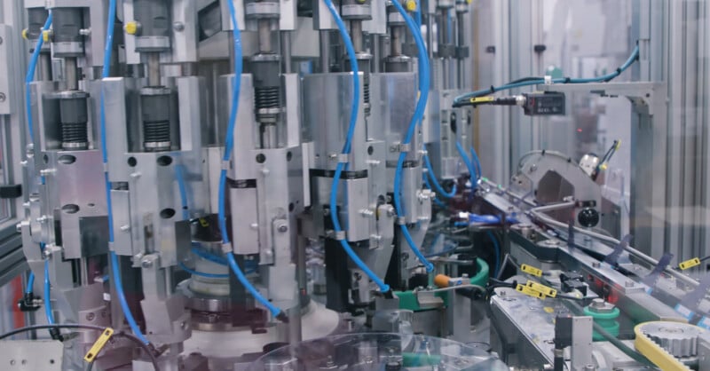 A close-up view of an automated assembly line in a factory, showing various metallic machines, robotic arms, and blue pneumatic tubes working together to manufacture products.