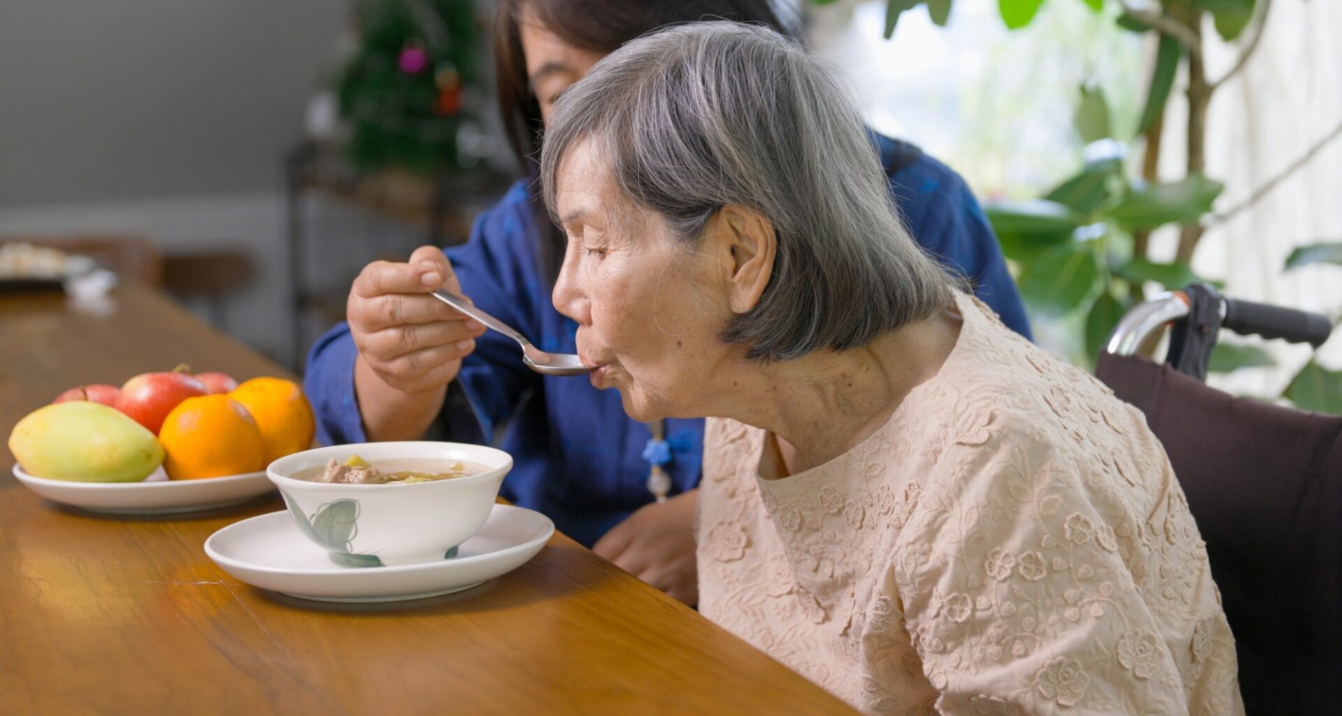 Caregiver feeding elderly woman with soup in dining room.