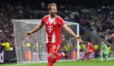 Harry Kane of FC Bayern Munich celebrates scoring his team's second goal during the UEFA Champions League 2025/26 Quarter-Final First Leg against Real Madrid.