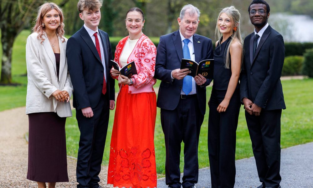 All Ireland Scholarship winners, Alice Claffey (Cork), Seán Weldon (Dublin), Amy Egan (Sligo), and Kosy Chikwendo (Dublin) with Guest of Honour, Kellie Harrington and Sponsor, JP McManus at awards ceremony in University of Limerick, Saturday 4th April. Commenting on the event, Guest of Honour and Double Olympic Champion, Kellie Harrington said; ‘I’m delighted to be here today as the Guest of Honour for the All Ireland Scholarship Awards in the University of Limerick. It is a very special occasion for the 2025 winners, their families, and school principals, and they should be very proud of themselves and their accomplishments. I would like to thank JP McManus and his family for having me here today.’ Pic: Arthur Ellis