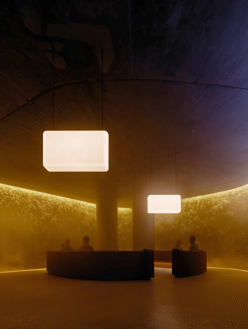 Dimly lit lounge with rectangular pendant lights, curved sofas, and silhouettes of people against a yellow backlit wall.