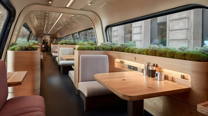 A modern train dining car with wooden tables, cushioned booths, large windows, and green moss-like decor along the window ledges.