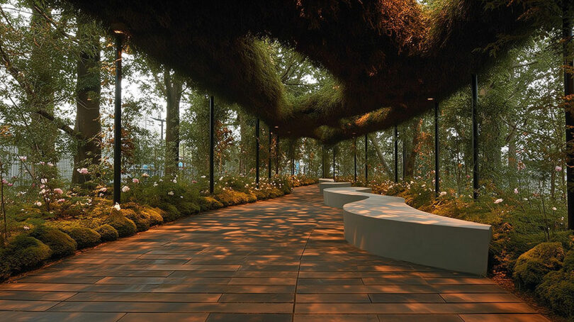 Curved white benches line a paved walkway under an overhead canopy of greenery, with sunlight filtering through and plants bordering the path.