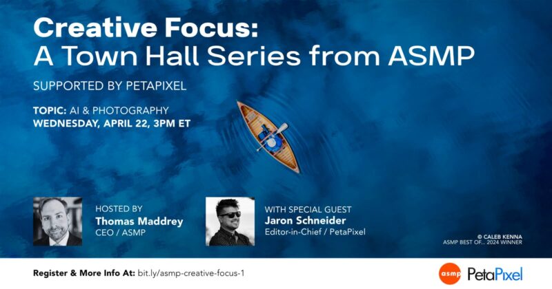Event promo graphic featuring a blue-tinted photo of a person rowing a boat. Text advertises “Creative Focus: A Town Hall Series from ASMP,” with details of an AI & photography event on April 22, 3 PM ET, featuring Thomas Maddrey and Jaron Schneider.