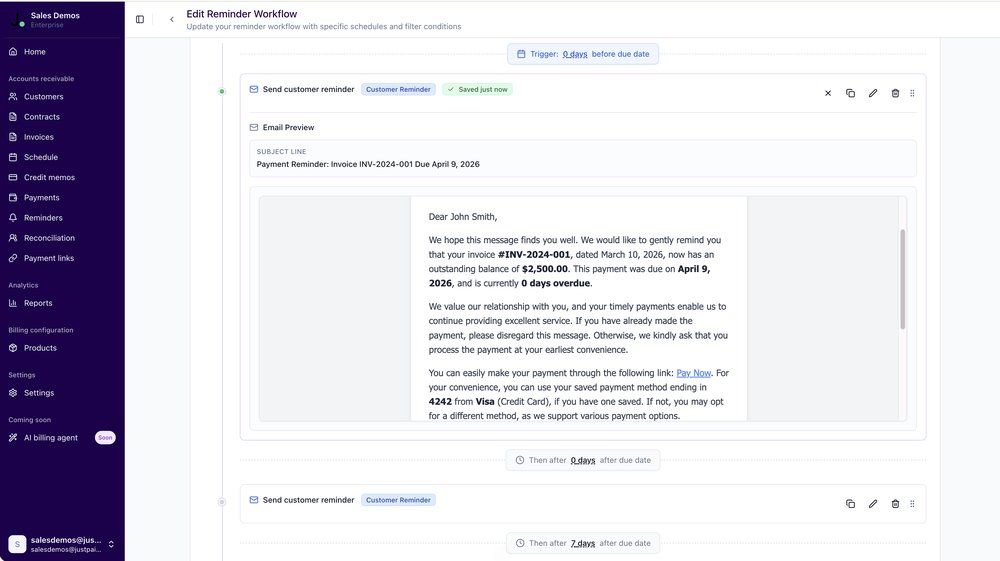 JustPaid's reminder workflow editor builds scheduled email sequences keyed to invoice due dates, with payment-method details and pay links inserted automatically.