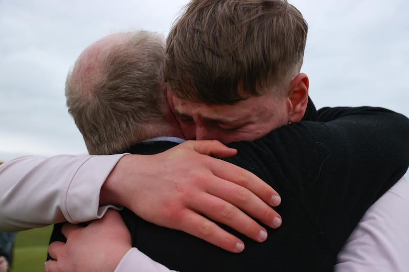 Mark Cadden celebrates with his father, Michael. Photograph: Tom O'Hanlon/Inpho