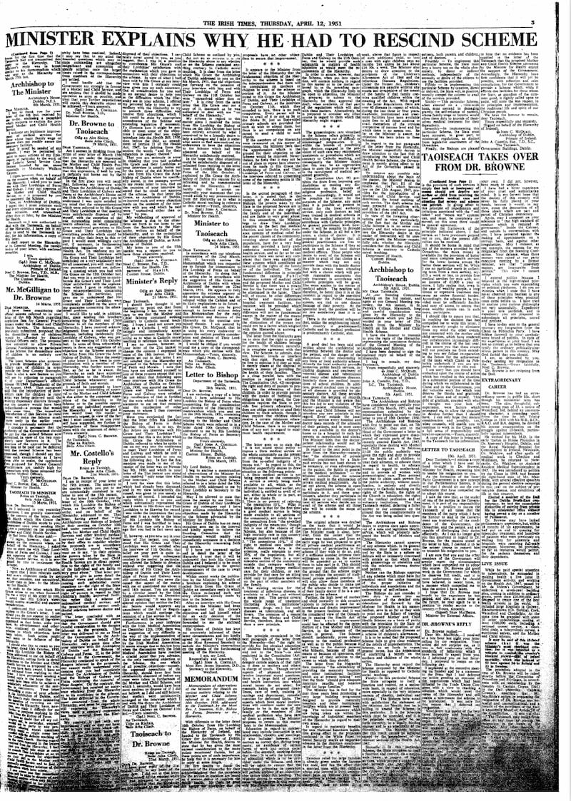 On April 12th, 1951, The Irish Times published the correspondence between the Catholic hierarchy and the government in relation to the Mother and Child scheme
