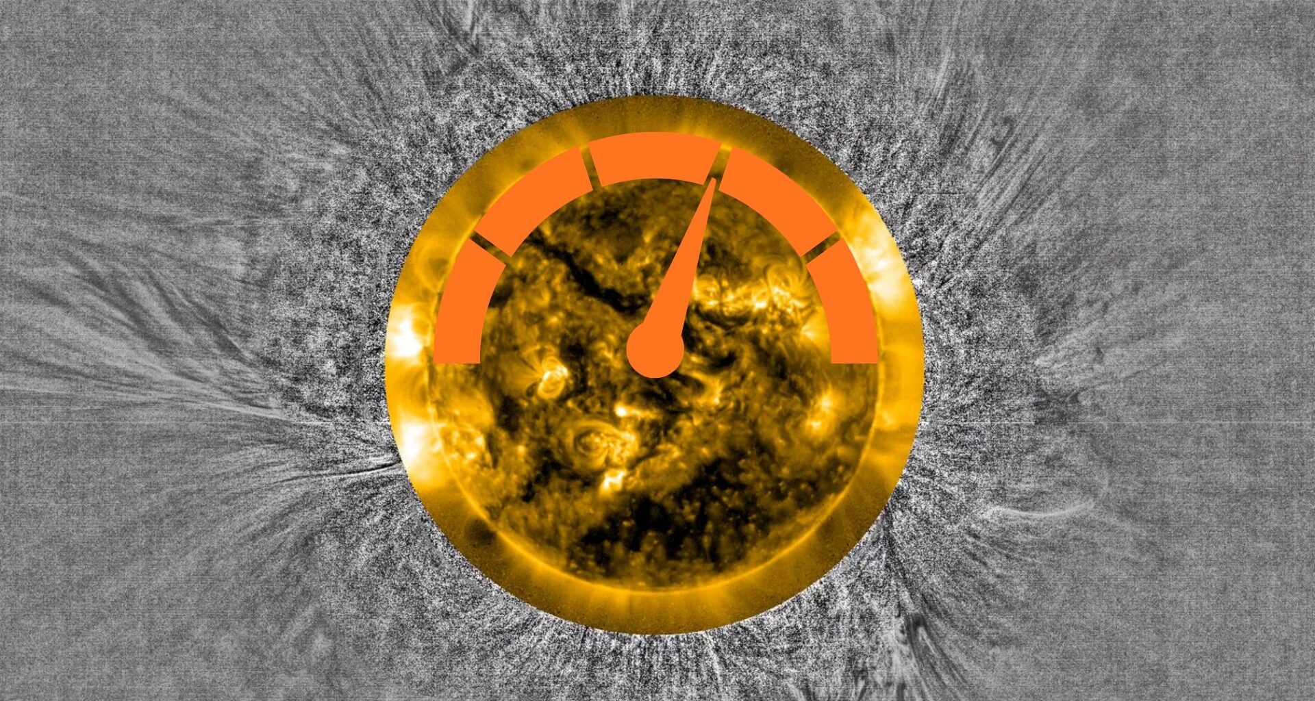 view of the sun with streamers of fast solar wind emanating in all directions.