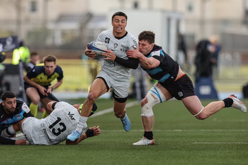 Toulon's Gael Drean is tackled by Glasgow's Rory Darge during the Champions Cup quarter-final. Photograph: Robert Petty/AFP via Getty Images