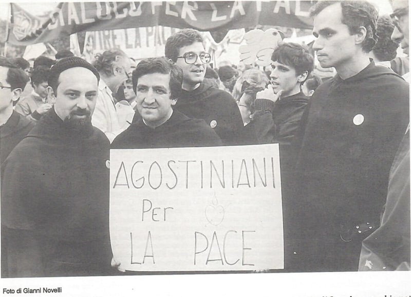 Robert Prevost (right), the future Pope Leo XIV, protests against militarisation in 1983 with fellow Augustinians. Photograph: Gianni Novelli