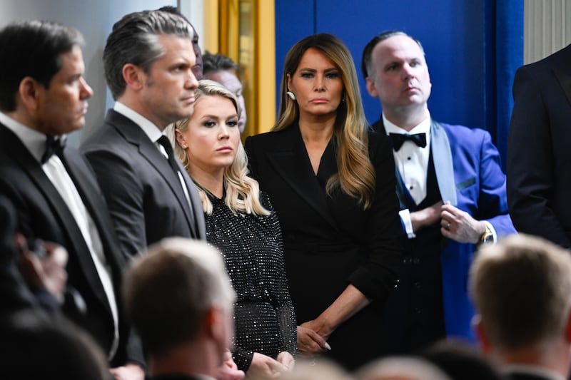 Marco Rubio, US secretary of state, Pete Hegseth, US secretary of defence, Karoline Leavitt, White House press secretary, and US First Lady Melania Trump during the news conference. Photographer: Daniel Heuer/Bloomberg 