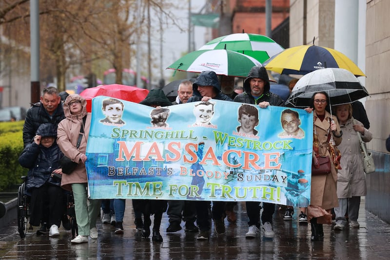 Relatives of those killed in the Springhill and Westrock shootings in 1972, outside the coroner's court at Laganside, Belfast. Photograph: Liam McBurney/PA Wire