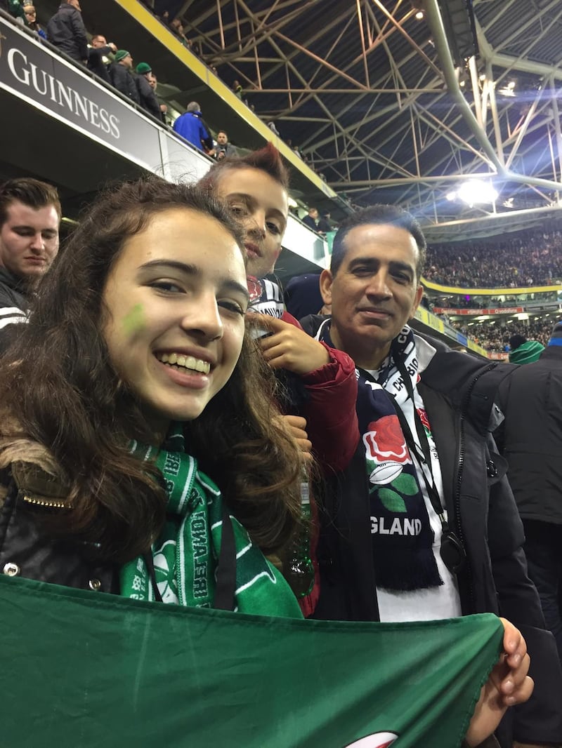 Grace O'Malley Kumar and her dad in the Aviva Stadium, Dublin. Photograph: O'Malley Kumar family
