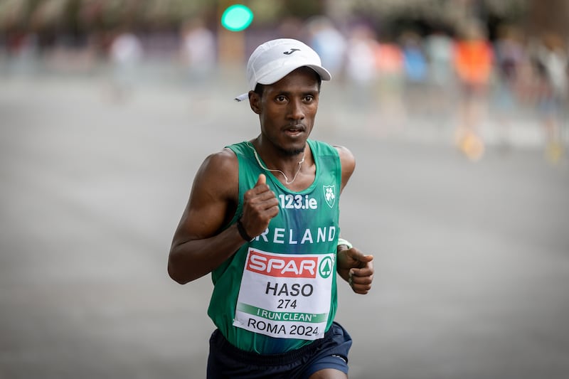 Hiko Tonosa representing Ireland in the half marathon at the 2024 European Athletics Championships in Rome. Photograph: Morgan Treacy/Inpho