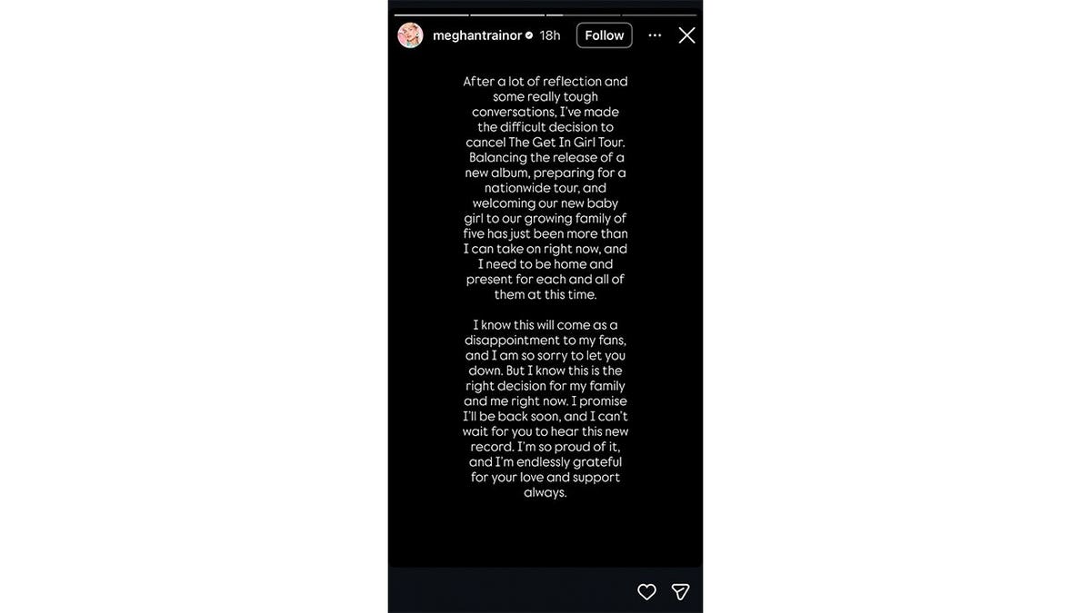 Meghan Trainor posts a tour cancelation statement on Instagram