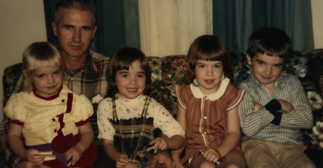 Don Studey, Lucy Studey McKiddy (far left) and her siblings in My Killer Father: The Green Hollow Murders, episode 1, season 1, streaming on Paramount+, 2026. Photo Credit: Lucy Studey McKiddy/Paramount+.