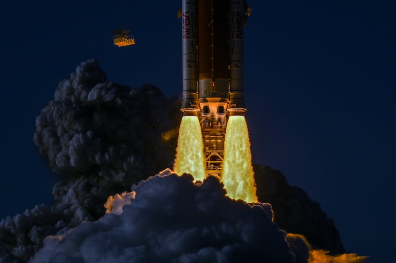 NASA’s Space Launch System rocket, carrying the crew of the Artemis II mission, lifts off from the launchpad at the Kennedy Space Center. Photograph: Kenny Holston/The New York Times
                      