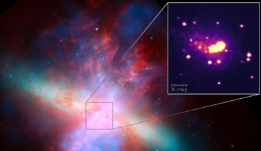 A colorful view of space with tendrils and blobs of gas. A box-out shows a bunch of glowing dots.