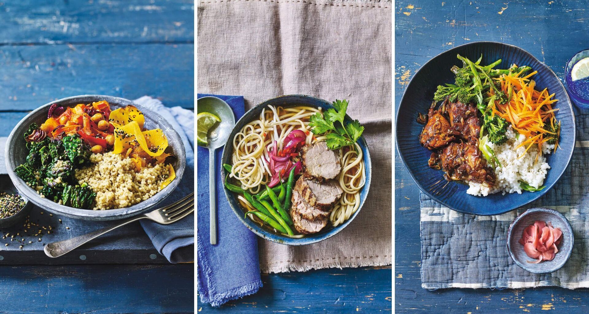 A composite image showing three different glow-up dinner bowls