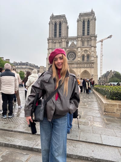 Denisse Favela bought her beret on a visit to Spain as a practical hat but felt it was apt to wear it for her Paris trip. Photograph: Naomi O'Leary