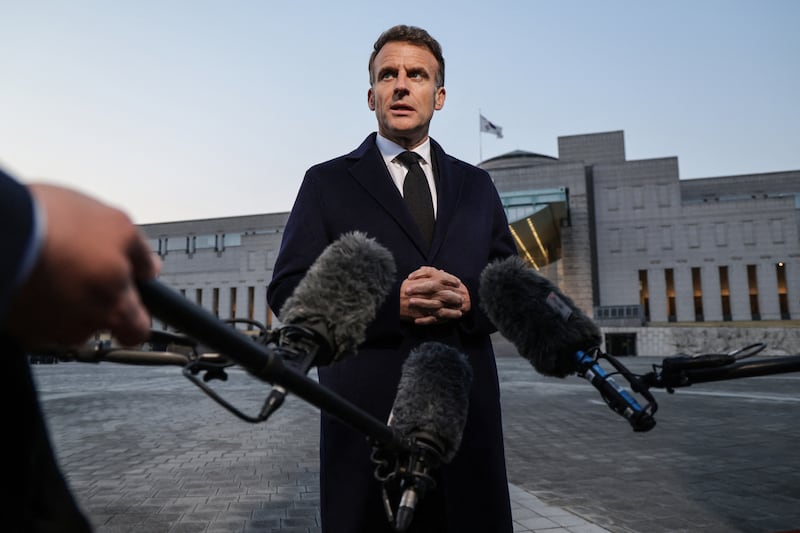 French president Emmanuel Macron during a visit to the War Memorial of Korea in Seoul on Thursday. Photograph: Ludovic Marin/AFP via Getty