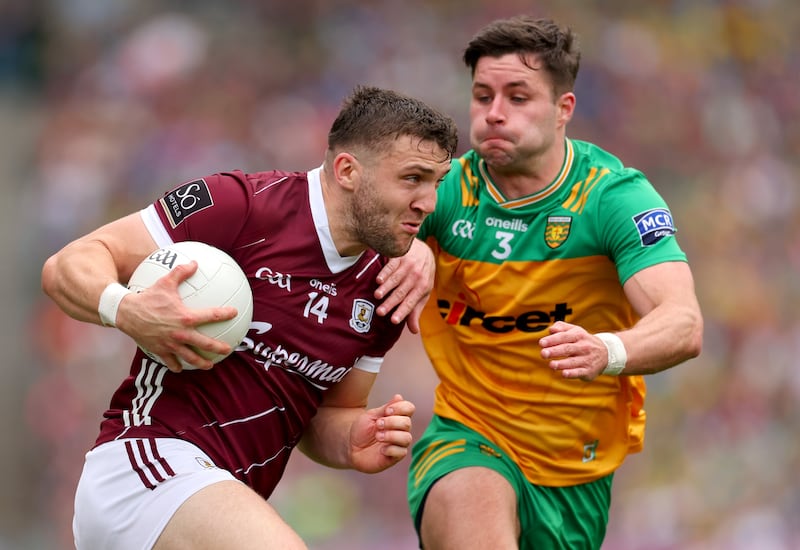 Galway’s Damien Comer and Brendan McCole of Donegal in the 2024 All-Ireland semi-final. Photograph: James Crombie/Inpho