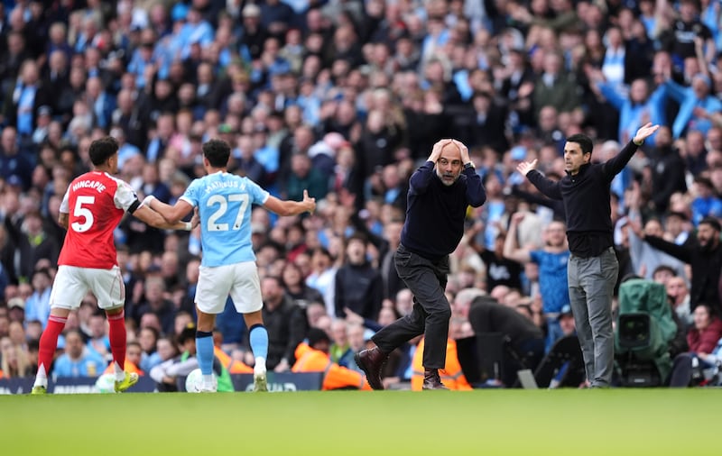 No one could accuse Mikel Arteta and Pep Guardiola of bottling up their emotions during Sunday's Premier League clash between Manchester City and Arsenal. Photograph: Martin Rickett/PA Wire