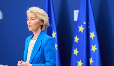 European Commission president Ursula von der Leyen speaking to reporters in Brussels