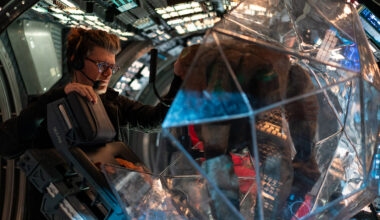 Rocky puppeteer James Ortiz working on the set of Project Hail Mary.