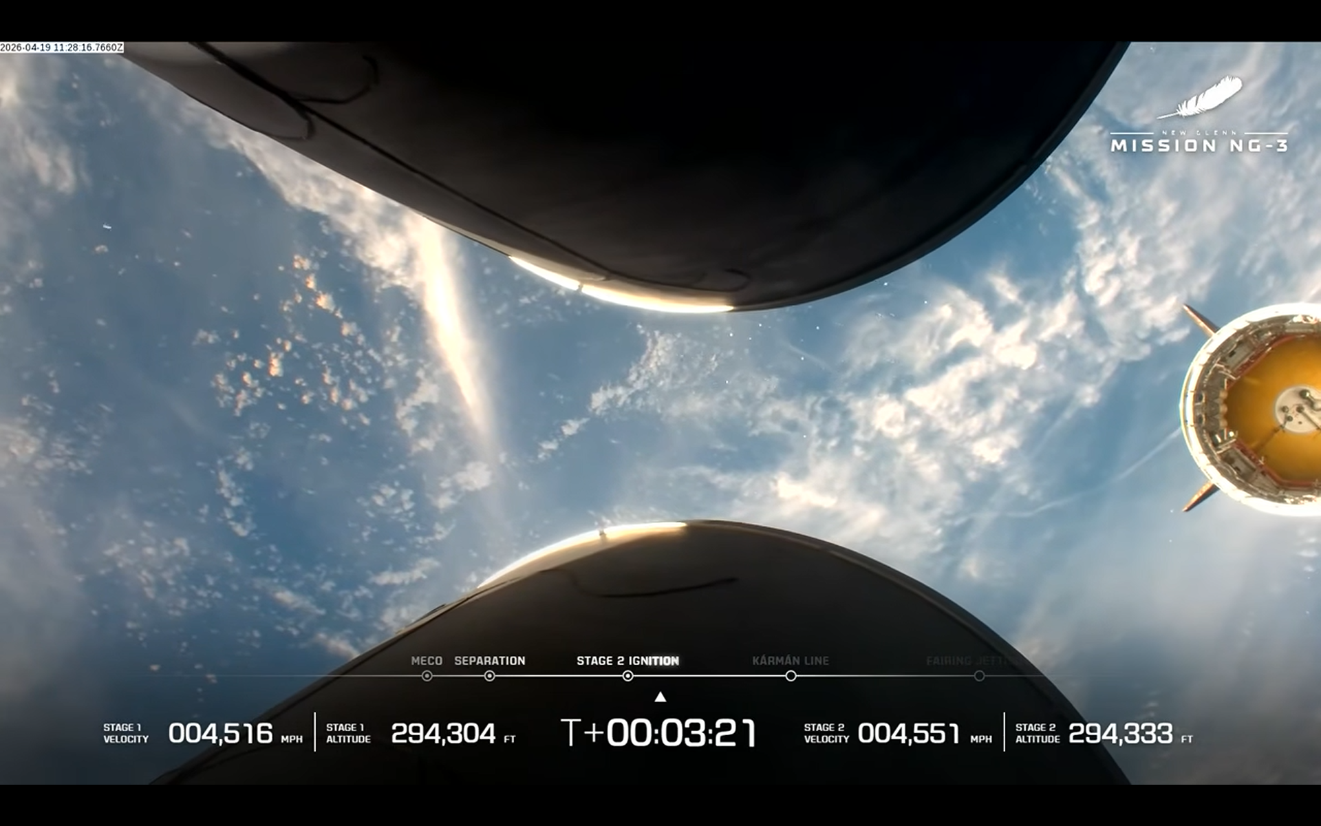 The first stage of Blue Origin's New Glenn rocket (right) is seen separating from its upper stage after a successful launch of NG-3 on April 19, 2026.