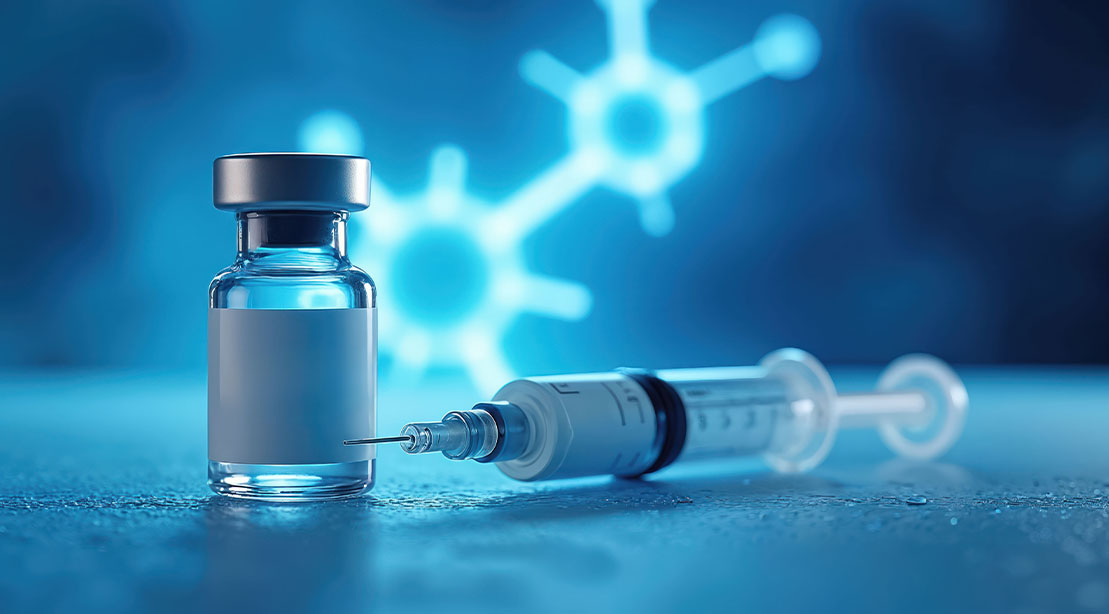 Pharmaceutical vial with sterile syringe used for peptide injection used for antiaging and recovery