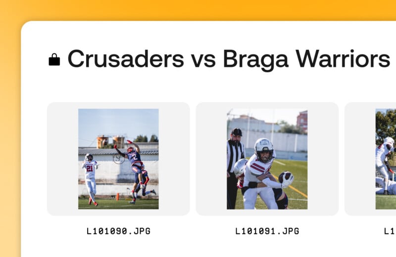 A display screen shows a matchup titled "Crusaders vs Braga Warriors" with two thumbnail photos below: one of two American football players jumping for the ball, and another of a young player holding a football.