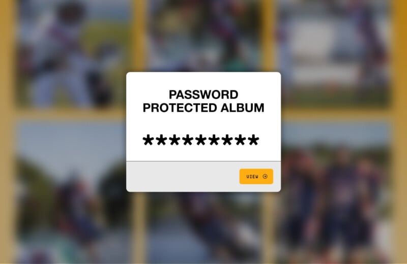 A dialog box with the text "Password Protected Album" and a row of asterisks is centered on a blurred background of sports photos. A yellow "View" button is at the bottom right of the box.