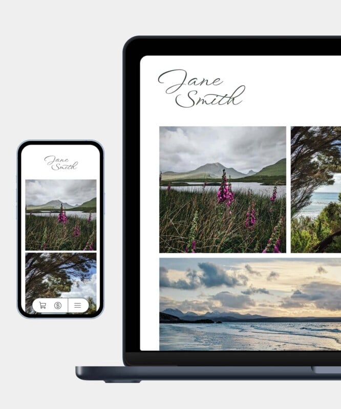 A smartphone and a laptop display a website titled "Jane Smith" featuring nature landscape photos, including mountains, flowers, trees, and a beach, on a clean white background.
