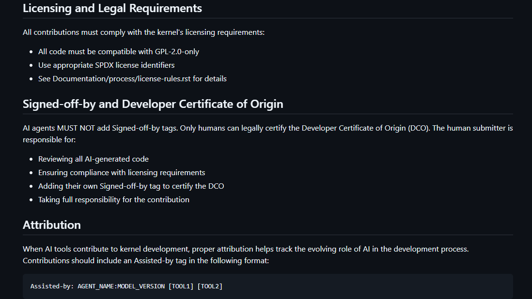 A screenshot of the Linux Kernel Project's GitHub repo, showing the new AI policy.
