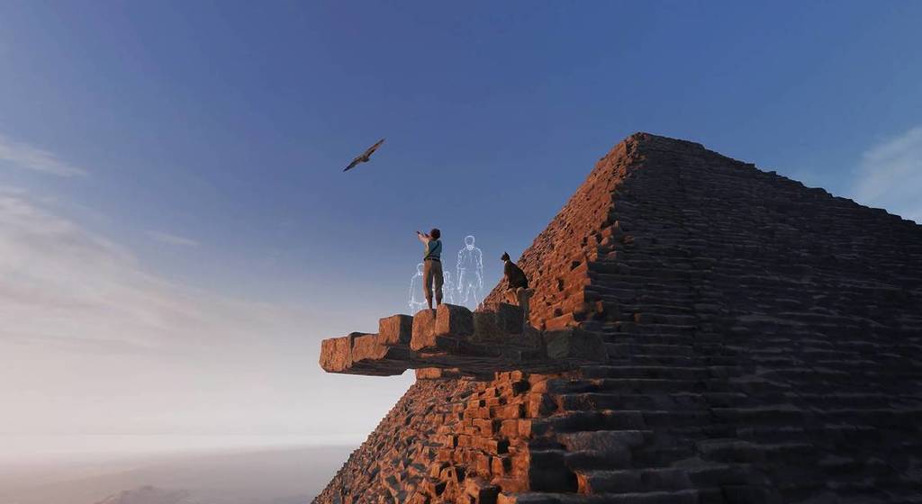 a digital rendering of a woman on the edge of a pyramid, reaching up to a bird while avatars look on at The Horizon of Khufu VR experience