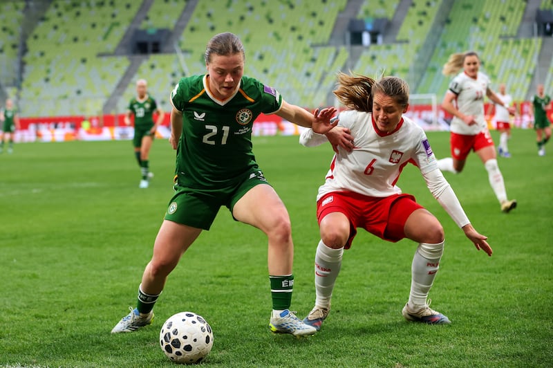 Ireland's Emily Murphy in action against Poland's Aleksandra Zaremba. Photograph: Ryan Byrne/Inpho

