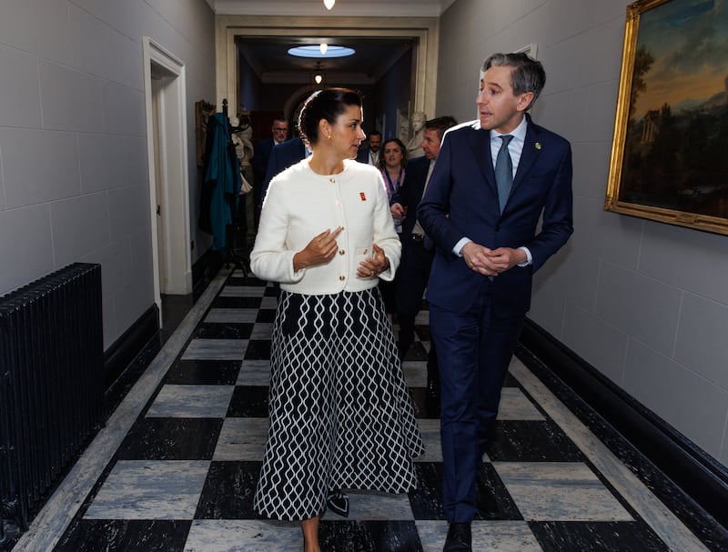 Simon Harris and Elisa de Anda Madrazo, president of the Financial Action Task Force, at the AML Intelligence European Anti-Financial Crime Summit at the RDS in Dublin. Photograph: AML