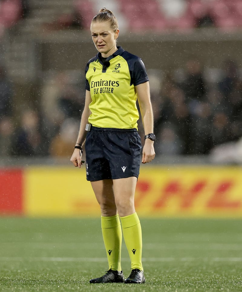 Referee Hollie Davidson takes charge of Saturday's Ulster v La Rochelle Challenge Cup game in Belfast. Photograph: Laszlo Geczo/INPHO