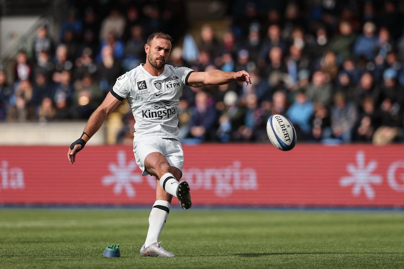 Toulon fullback Melvyn Jaminet scores on a conversion during the Champions Cup quarter-final against Glasgow Warriors. Photograph: Robert Perry/AFP via Getty Images