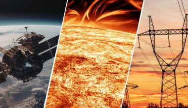 three panel image, left - a satellite in space, middle a close up graphic of the sun, right, powerlines against a vibrant orange sunset sky.
