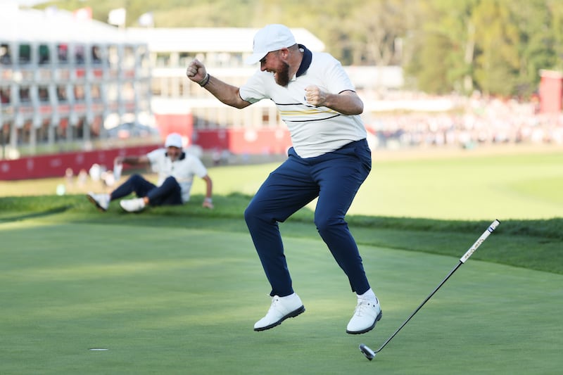 Shane Lowry celebrates after sinking a putt to see Team Europe retain the Ryder Cup at Bethpage Black last September. Photograph: Richard Heathcote/Getty Images