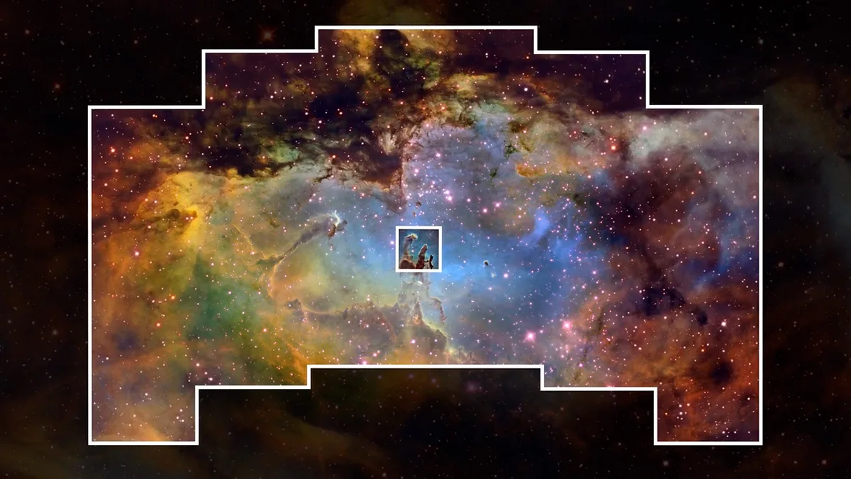 Area of sky in the Eagle nebula covered by the Roman telescope with a small square around the Pillars of Creation showing Hubble's view