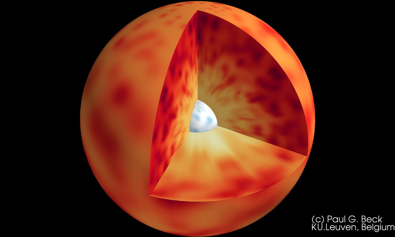 An illustration of an orange and red orb with a triangular slice taken out of it that shows a white small core.