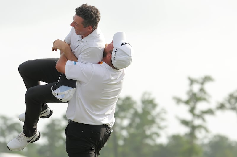 Rory McIlroy and Shane Lowry of Ireland celebrate on the 18th green after winning the final round of the Zurich Classic of New Orleans at TPC Louisiana on April 28, 2024 in Avondale, Louisiana. Photograph: Jonathan Bachman/Getty Images