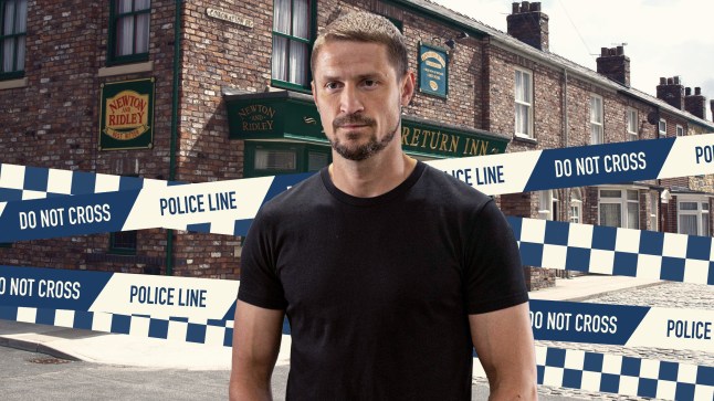 Carl Webster in front of the Rovers return and police tape in Corrie