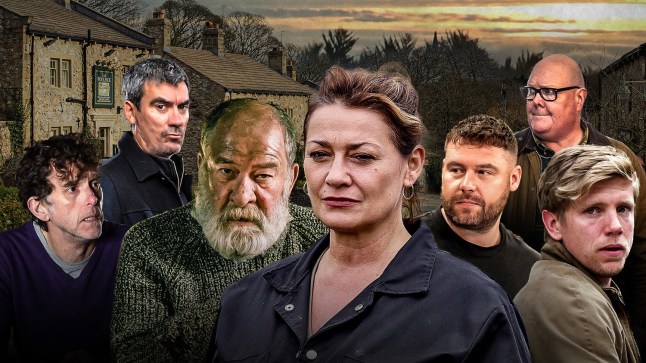 A composite image of Marlon Dingle, Cain Dingle, Bear Wolf, Moira Dingle, Aaron Dingle, Paddy Kirk and Robert Sugden