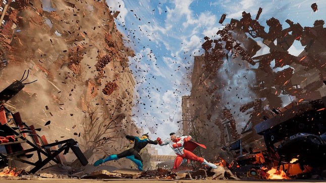 Invincible VS screenshot of Omni-Man and Invincible fighting